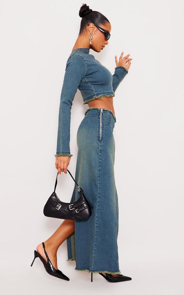 Indigo Blue Wash Raw Hem Denim Maxi Skirt Product Image