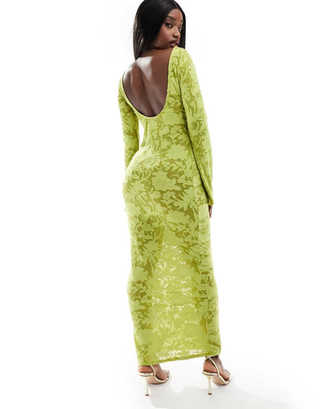 ASOS DESIGN low back sheer burnout mesh maxi dress with angel sleeves in lime Product Image