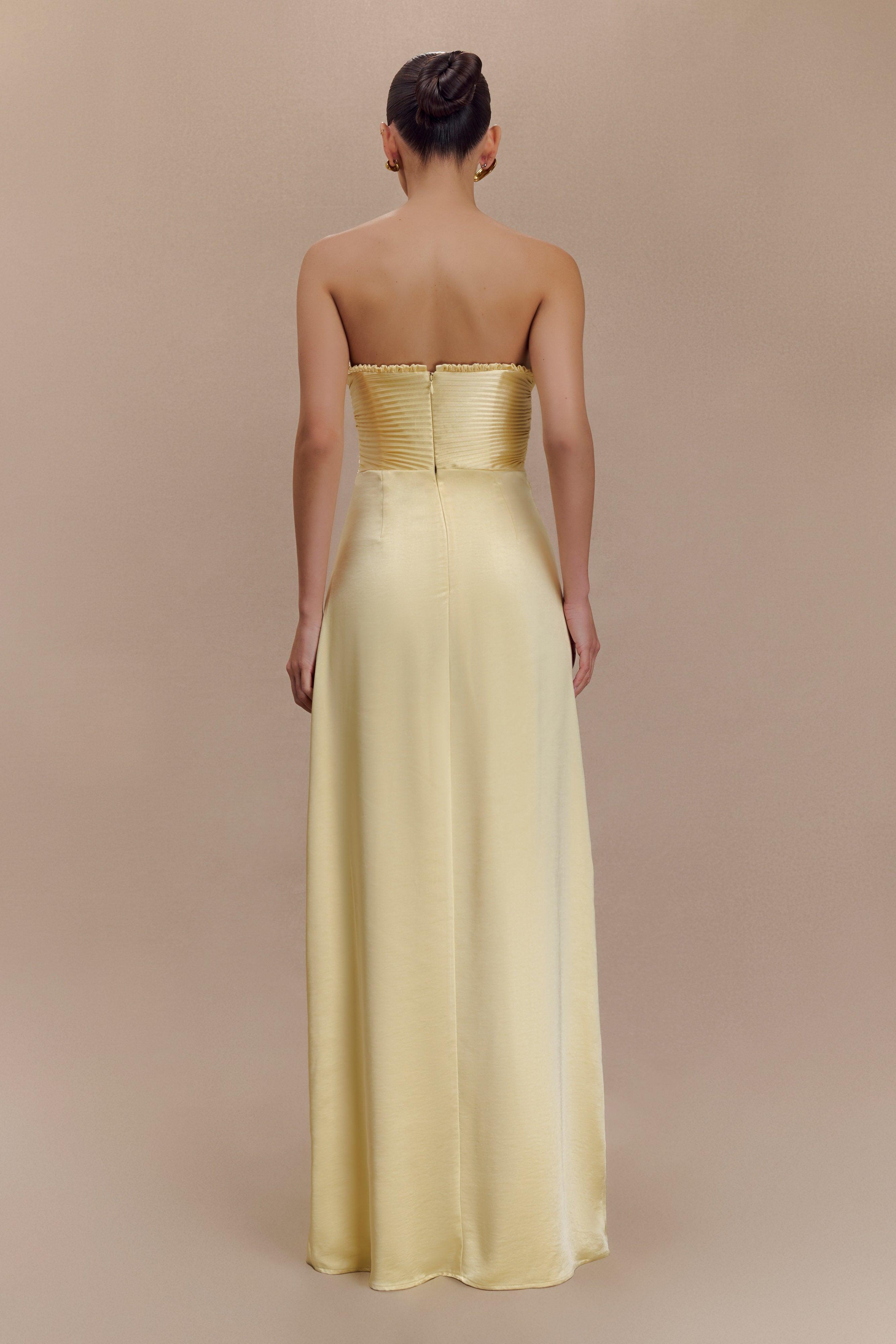 Larissa Satin Maxi Dress With Ruched Petals - Lemon Product Image