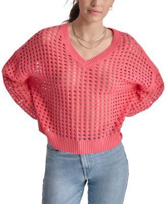 Women's V-Neck Open-Stitch Cotton Sweater product image