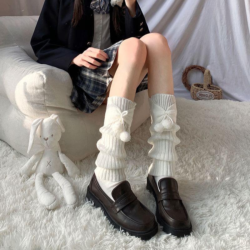 Plain Bow Pom Pom Ribbed Knit Leg Warmers Product Image