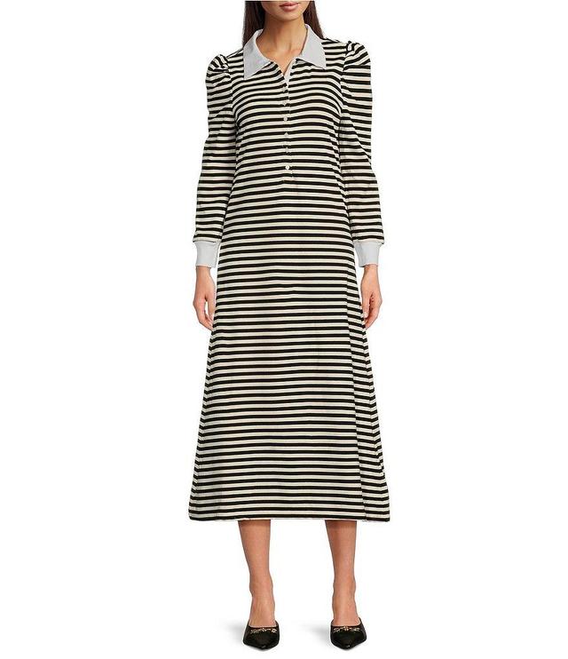 Buru Knit Rugby Stripe Contrast Point Collar Long Sleeve Button Front A-Line Midi Dress Product Image