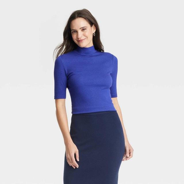 Womens Ribbed Short Sleeve Mock Turtleneck T-Shirt - A New Day Blue XL Product Image