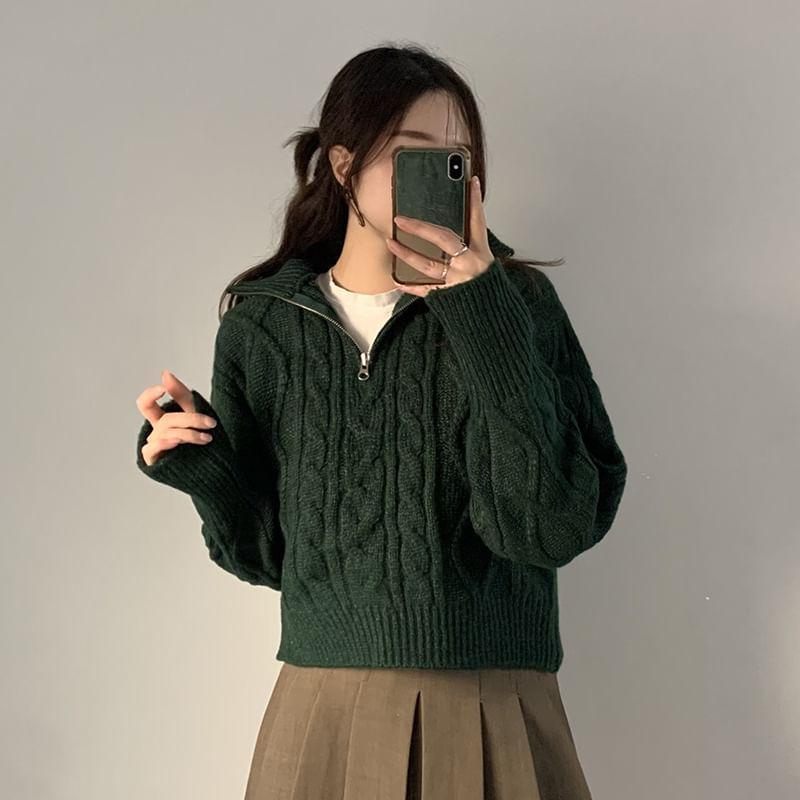 Long-Sleeve Plain Half-Zip Cable Knit Sweater Product Image