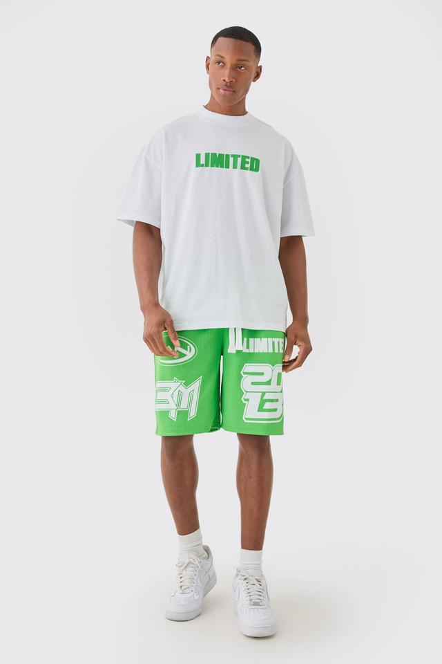 Mens Green Oversized Extended Neck Limited T-shirt & Mesh Short Set, Green Product Image