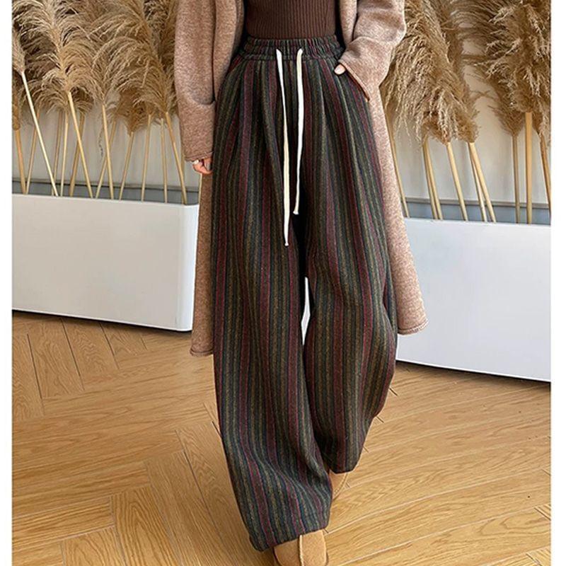 Drawstring Waist Herringbone Wide Leg Pants (Various Designs) Product Image