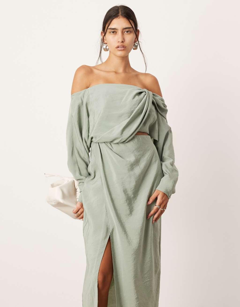 ASOS EDITION twist off-shoulder midi dress with cut-out detail in sage green Product Image