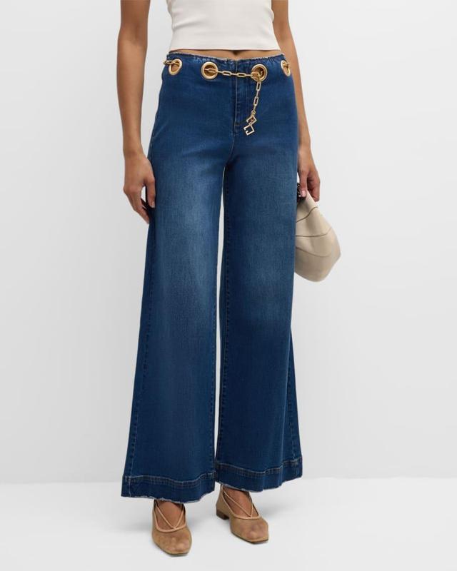 Sydney Belted Grommet Wide-Leg Denim Pants Product Image