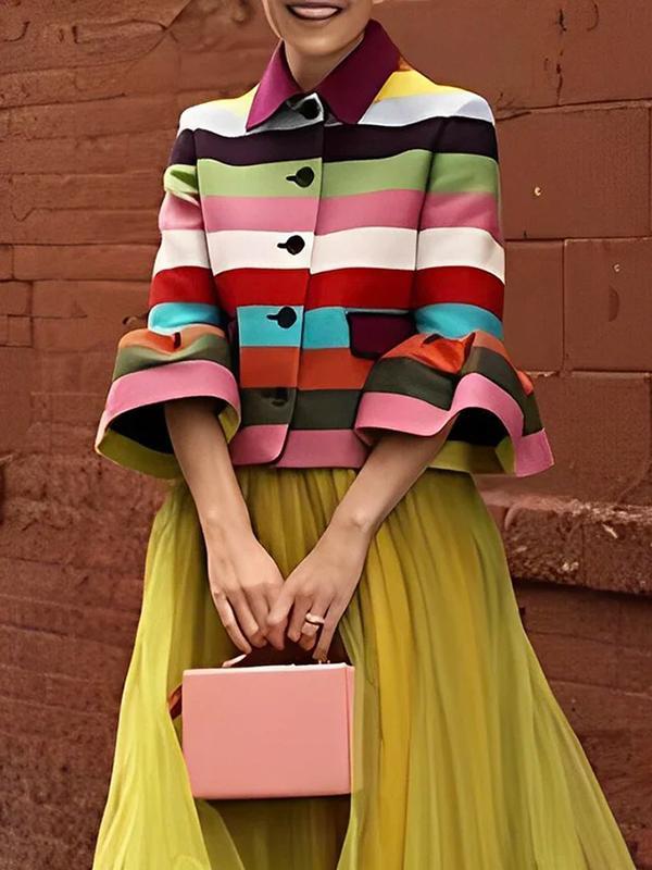 Flared Sleeves Multi-Colored Striped Lapel Jackets Outerwear Product Image