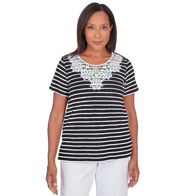 Petite Alfred Dunner Lace Neck Striped Split Hem Tee, Womens Dark Blue Product Image