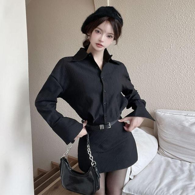 Long Sleeve Collared Plain Belted Mini Shirt Dress Product Image