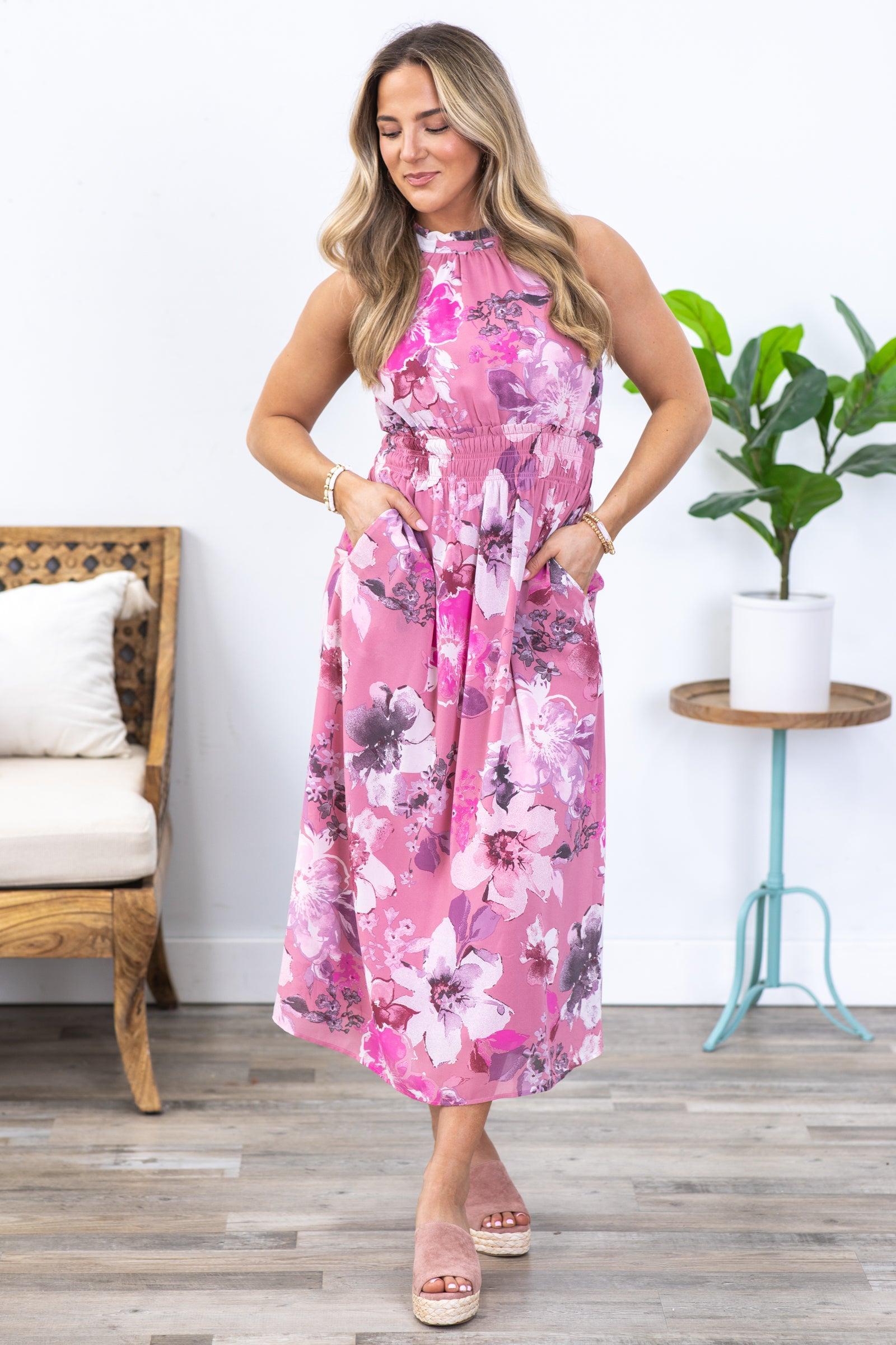 Dusty Pink Floral Chiffon Halter Maxi Dress Product Image