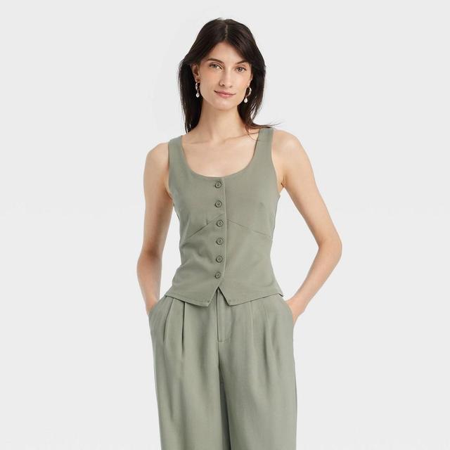 Womens Button-Front Tank Vest - A New Day Olive L Product Image