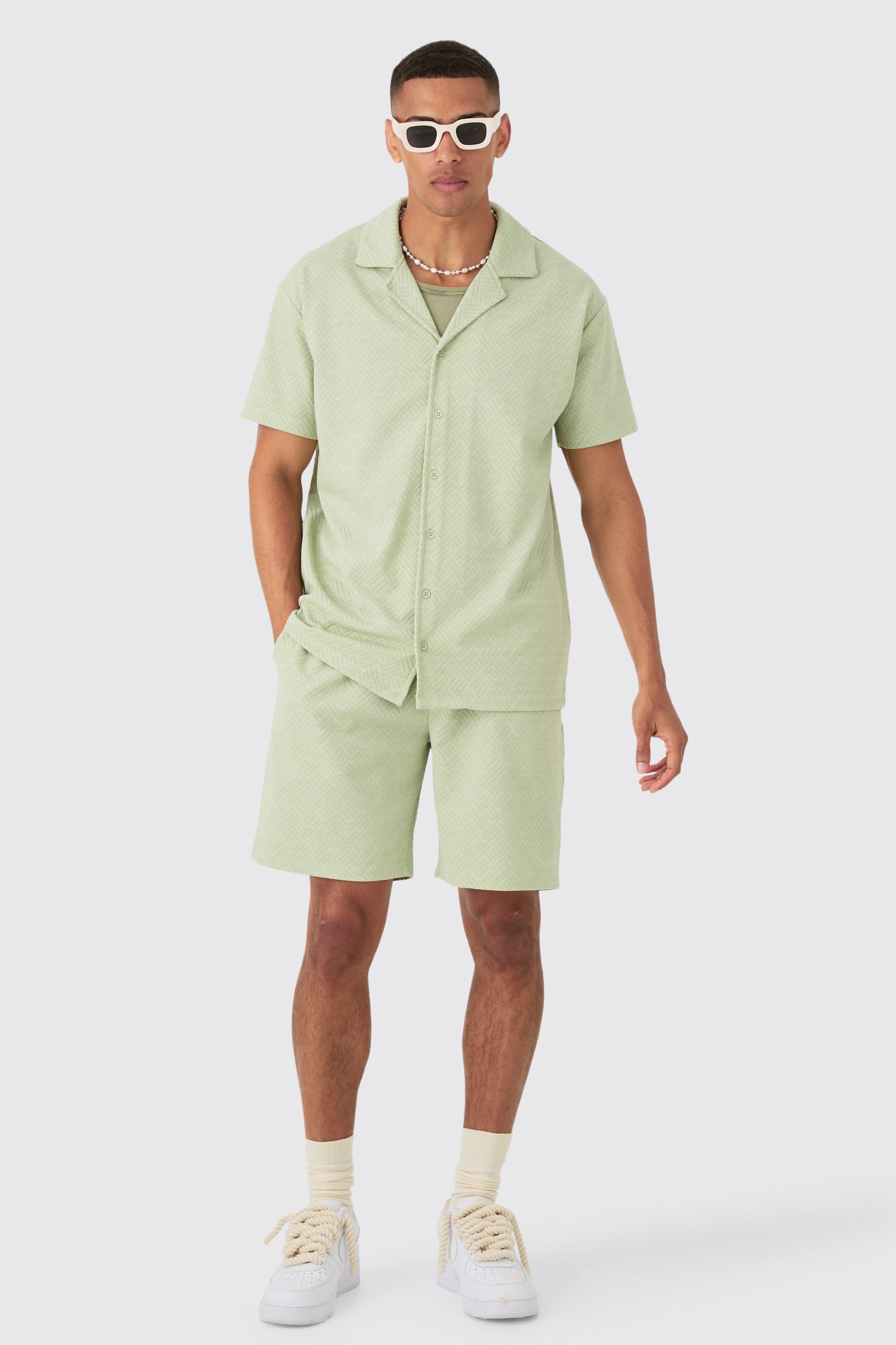 Mens Green Oversized Revere Geo Jacquard Shirt & Short Set, Green Product Image