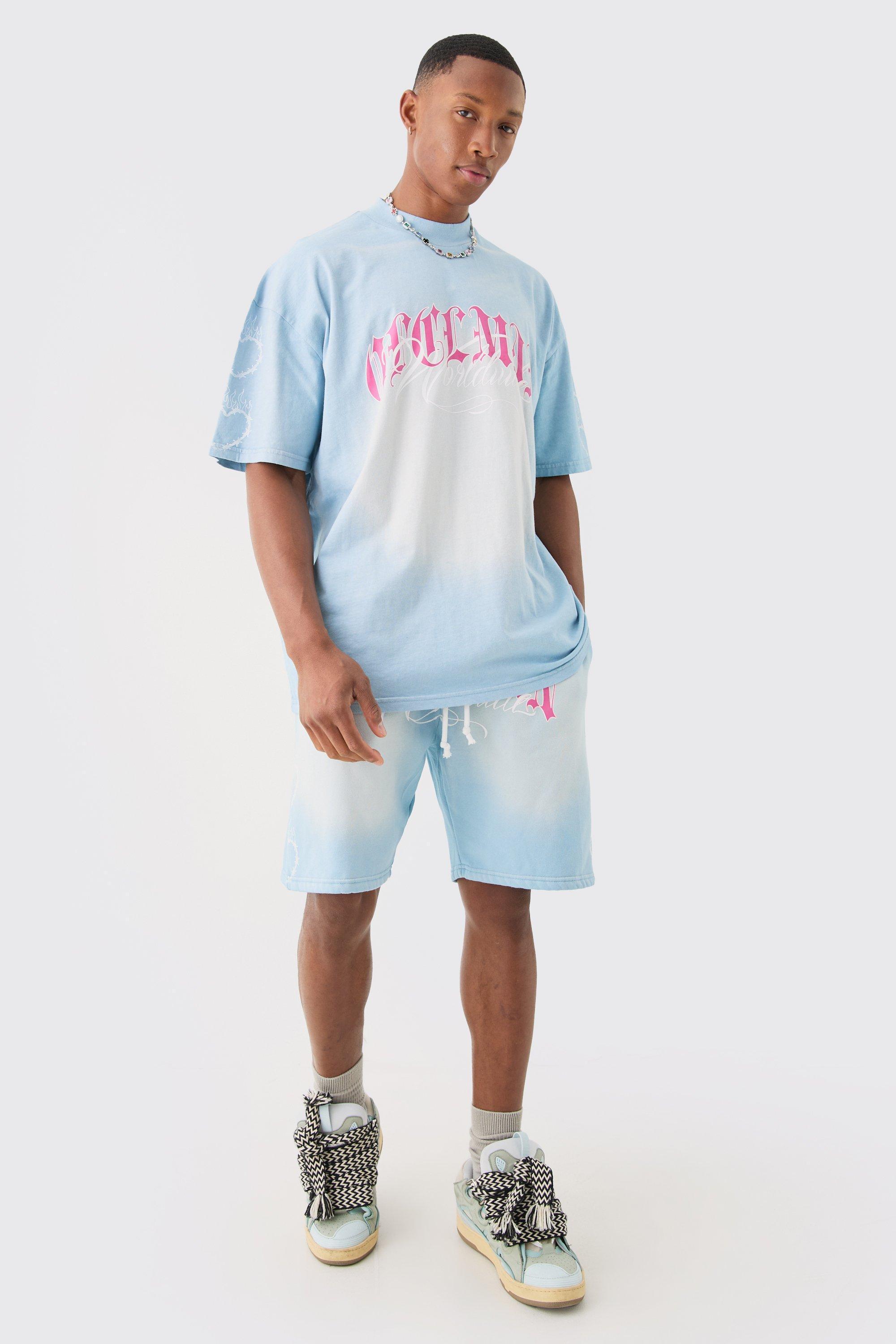 Oversized Boxy Spray Wash Multi Heart T-shirt & Short Set | boohooMAN USA Product Image