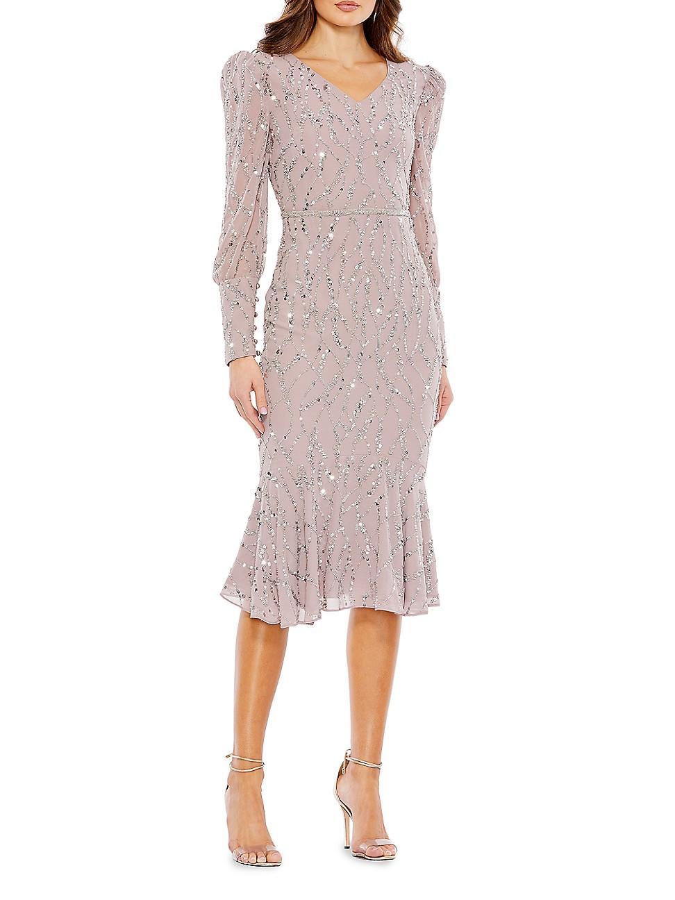 Mac Duggal Sequin V-Neck Long Sleeve Midi Dress Product Image