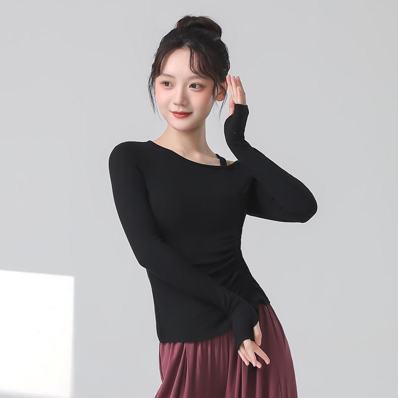 Long-Sleeve Asymmetrical Plain Crop Top Product Image