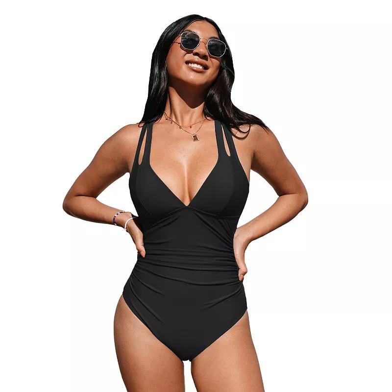 Womens Release Happiness Ruched Cross Back One Piece Swimsuit Product Image