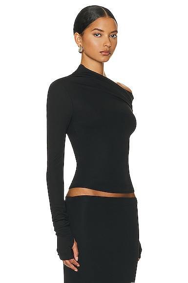 Helsa Matte Jersey Drape Shoulder Top in Black. - size S (also in L, M, XL, XS) Product Image