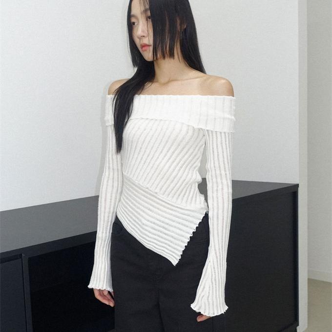 Off-Shoulder Plain Asymmetrical Ribbed Sweater Product Image