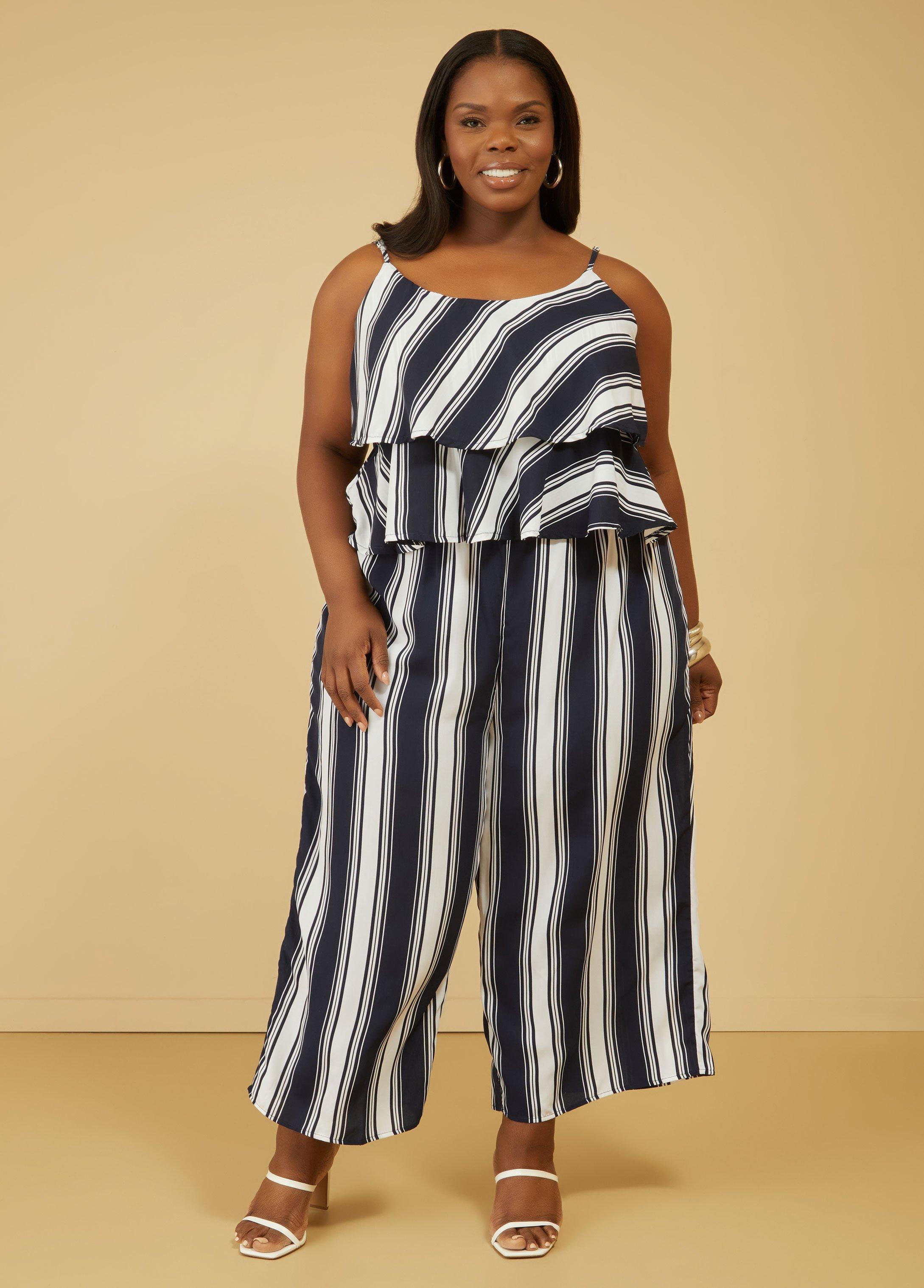 Plus Size Flounced Striped Wide Leg Jumpsuit Ashley Stewart product image