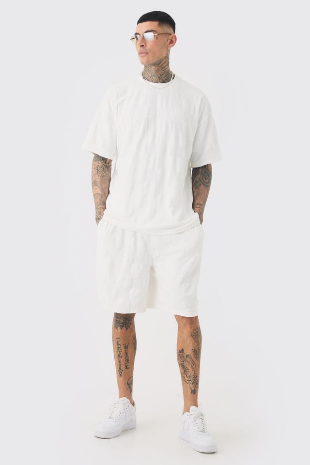 Tall Embossed Plaid Towelling T-Shirt & Short Set In White | boohooMAN USA Product Image