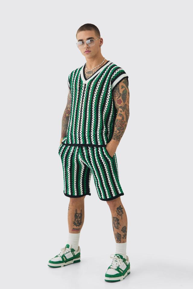 Oversized Open Stitch Stripe V Neck Tank And Short Set | boohooMAN USA Product Image