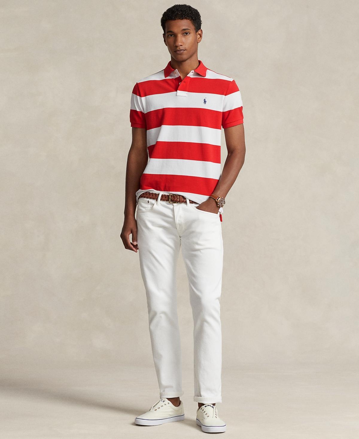 Men's Classic-fit Striped Mesh Polo Shirt In Post Red,white Product Image