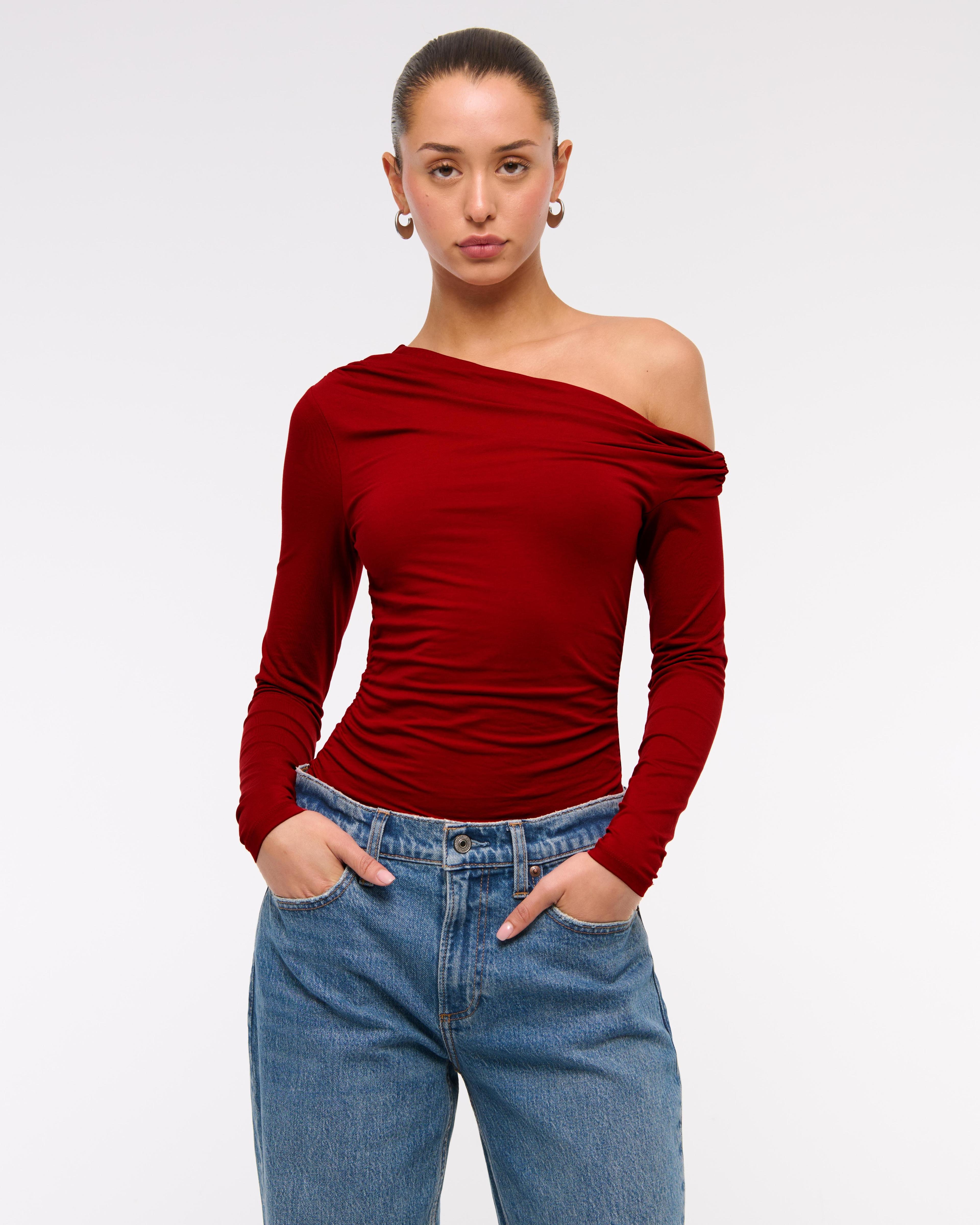 Long-Sleeve Off-The-Shoulder Draped Top Product Image