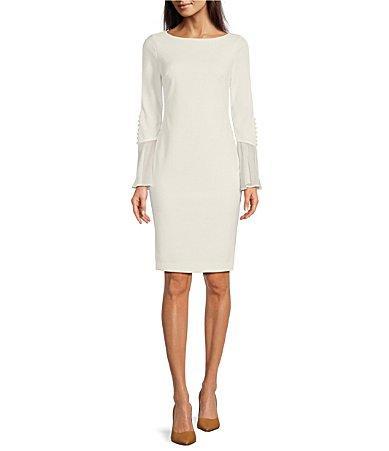 Calvin Klein Chiffon Long Sheer Bell Sleeve Round Neck Sheath Dress Product Image