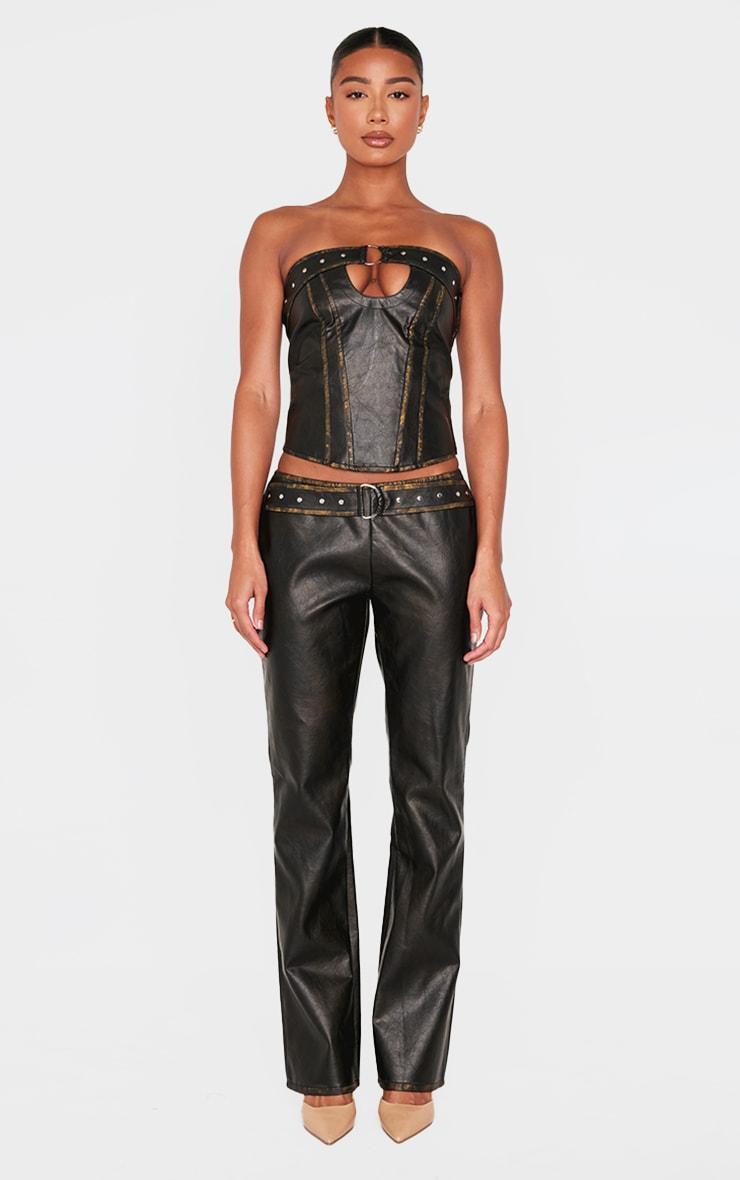 Brown Washed Faux Leather Belted Straight Leg Pant Product Image