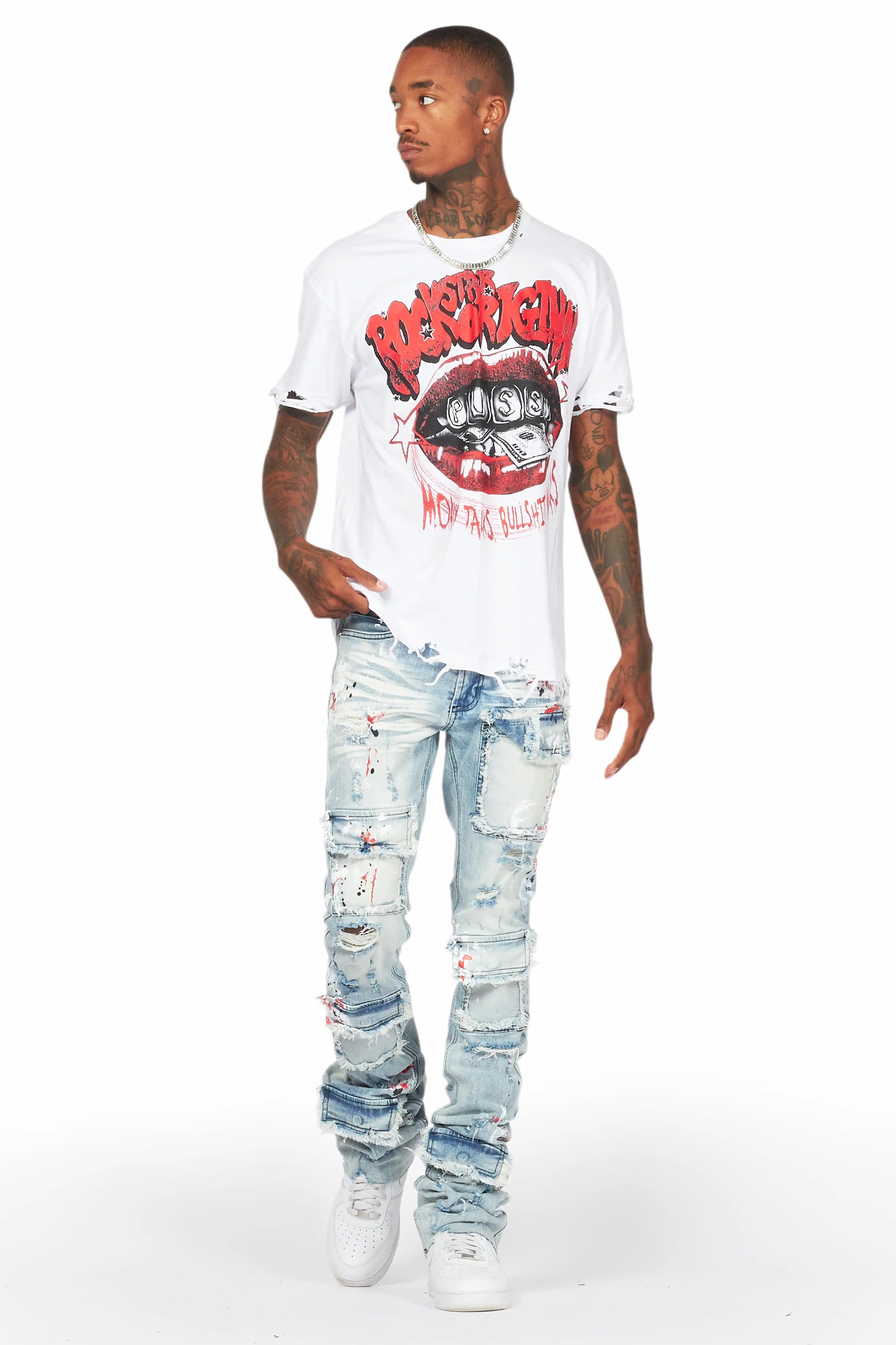 Bloke White/Blue T-Shirt/Super Stacked Flare Jean Bundle Male Product Image