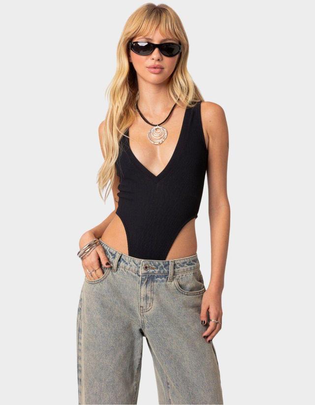 EDIKTED High Cut Ribbed V Neck Bodysuit Product Image