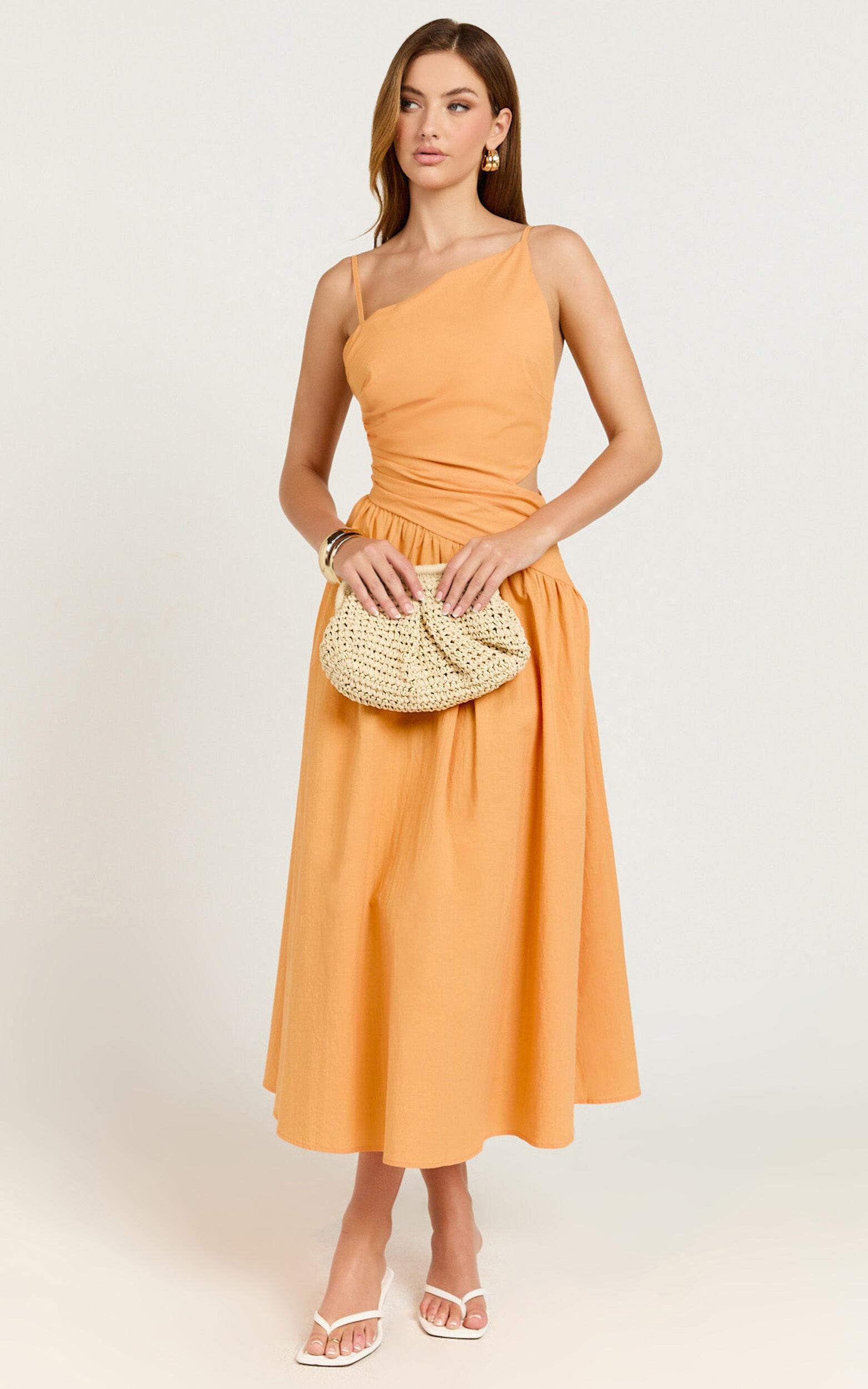 Ebony Midi Dress - Asymmetrical Cut Out Dress in Orange Product Image