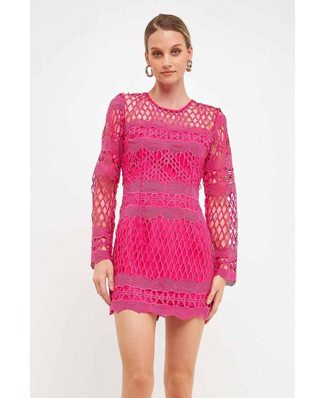 Womens Long Sleeve Crochet Mini Dress Product Image