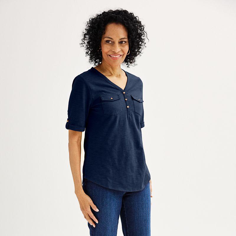 Womens Croft & Barrow Roll-Tab Utility Henley Top Black Product Image