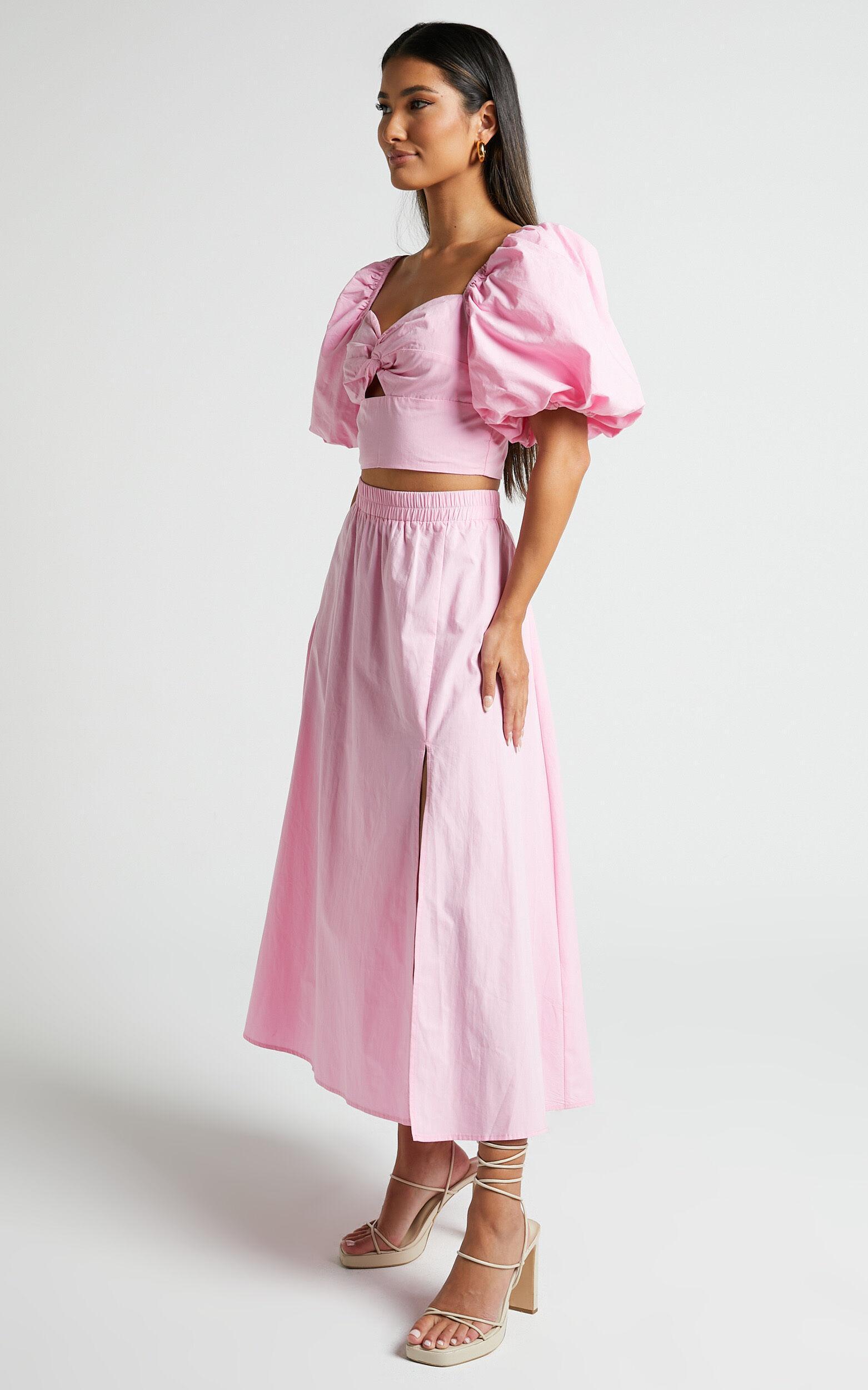 Alpha Two Piece Set - Linen Look Puff Sleeve Twist Bodice Top Midi Skirt in Light Pink Product Image