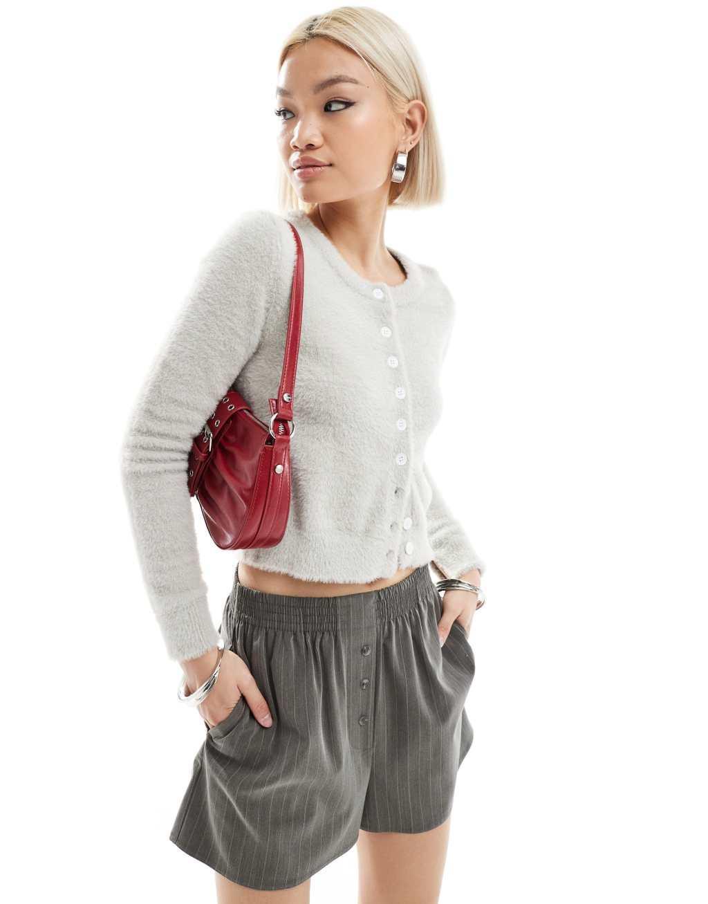 Daisy Street micro button up knit cardigan in heather gray Product Image