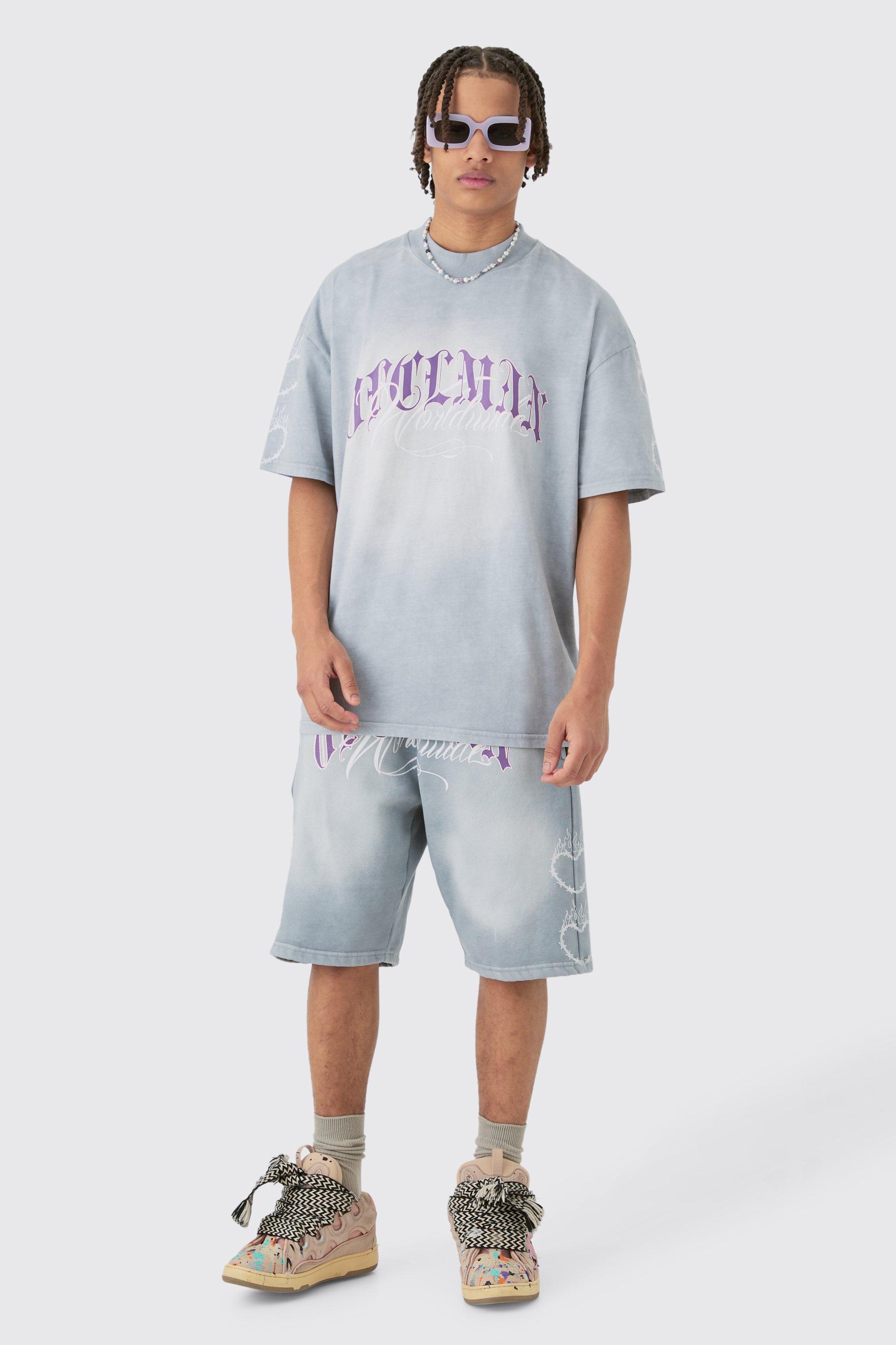 Oversized Boxy Spray Wash Multi Heart T-shirt & Short Set | boohooMAN USA Product Image