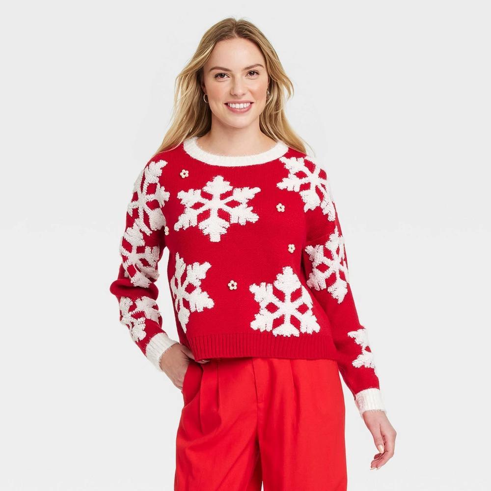 Womens Snowflake Festive Graphic Sweater - Red Product Image