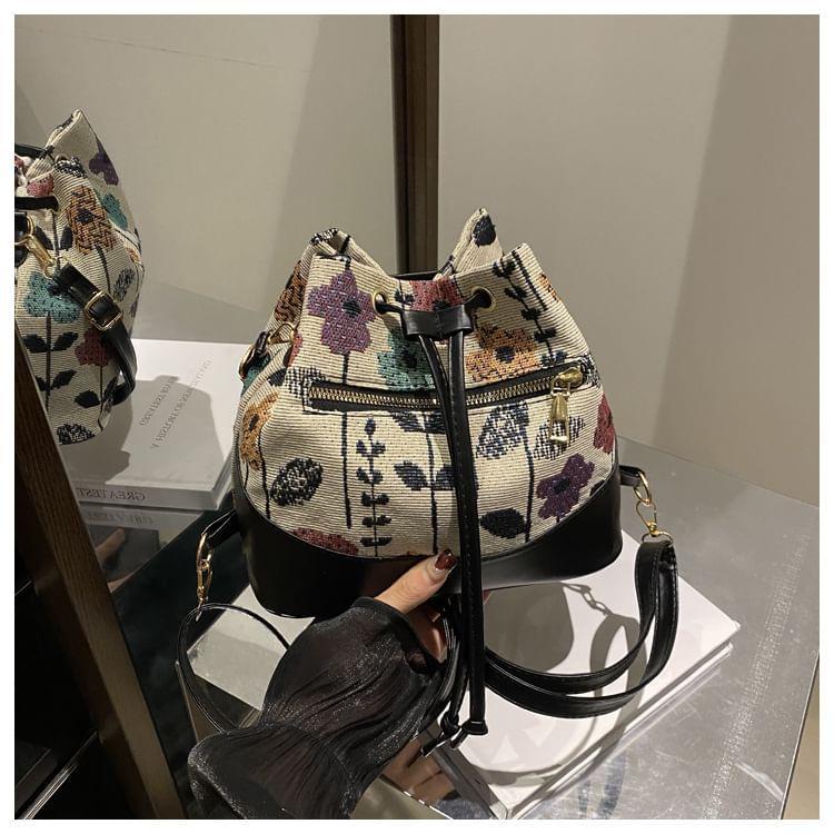 Floral Jacquard Faux Leather Panel Drawstring Backpack Product Image