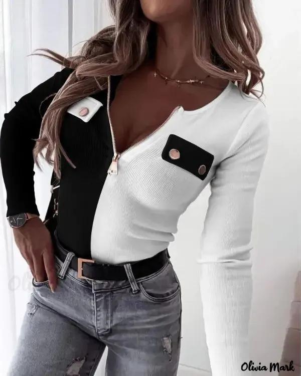 Olivia Mark – Ribbed Long Sleeve Zip Front Top Product Image