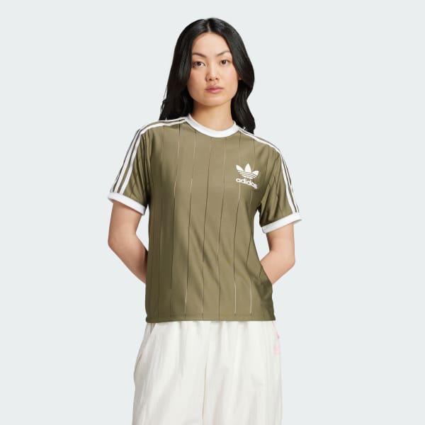 adidas Adicolor 3-Stripes Pinstripe Tee Green L Womens Product Image