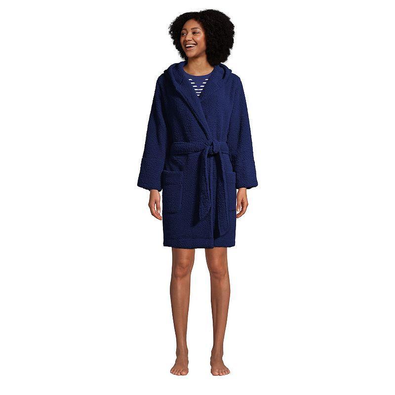 Womens Lands End Sherpa Fleece Hooded Robe Deep Blue Product Image