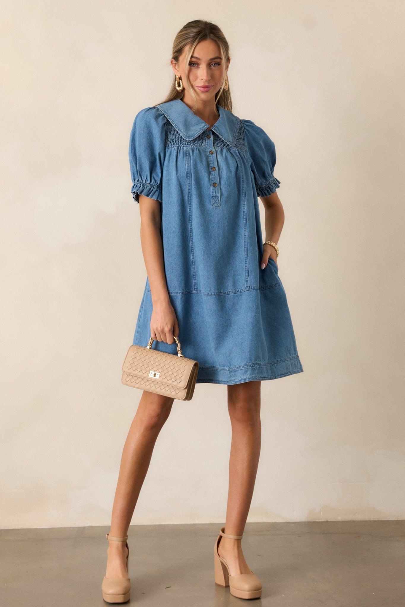 The Tide Calls 100% Cotton Medium Wash Denim Mini Dress Product Image