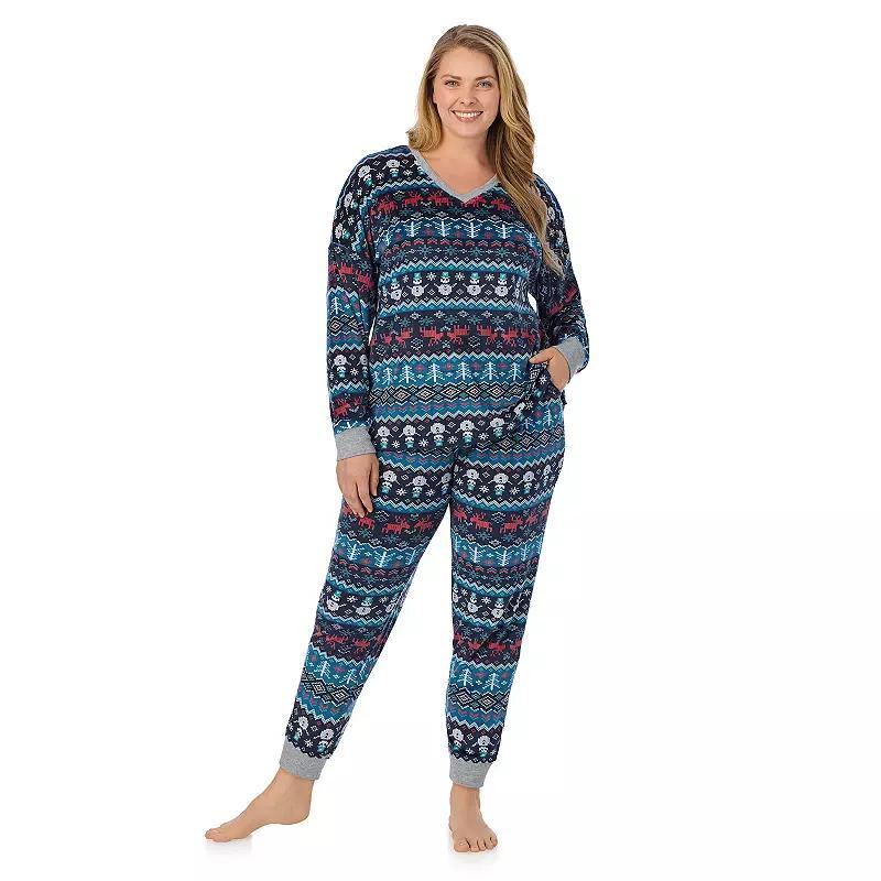 Plus Size Cuddl Duds Velour Fleece V-Neck Pajama Top & Pajama Bottoms Set, Womens Product Image