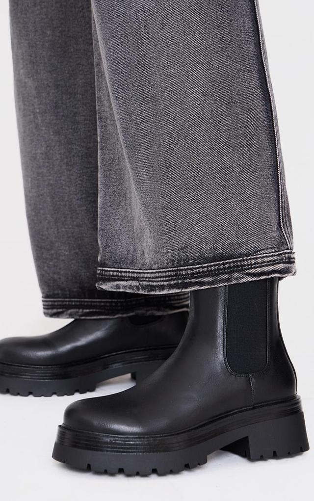 Black Round Toe Chunky Sole Elastic Chelsea Boots Product Image