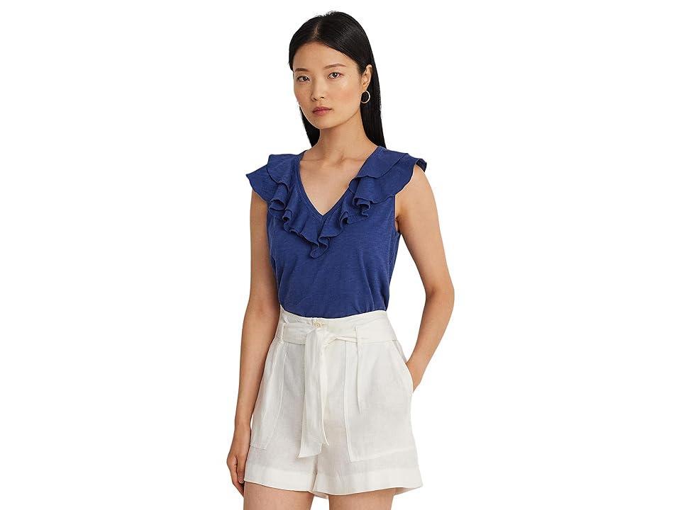 Lauren Ralph Lauren Ruffle Trim Slub Jersey Sleeveless Tee (Indigo Sail) Women's Clothing Product Image