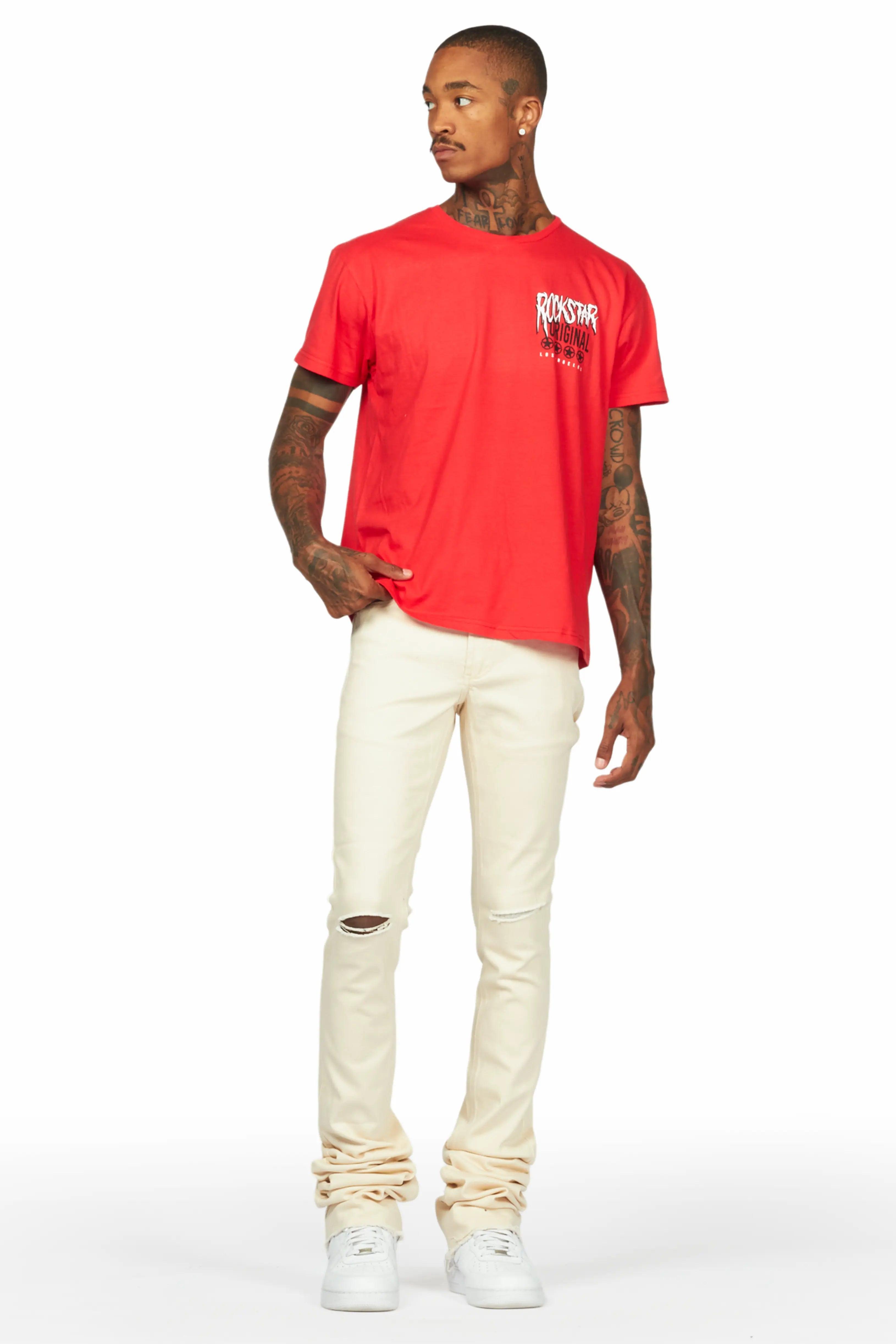 Wizzurd Red T-Shirt & Josiah Beige Super Stacked Flare Jean Bundle Male Product Image