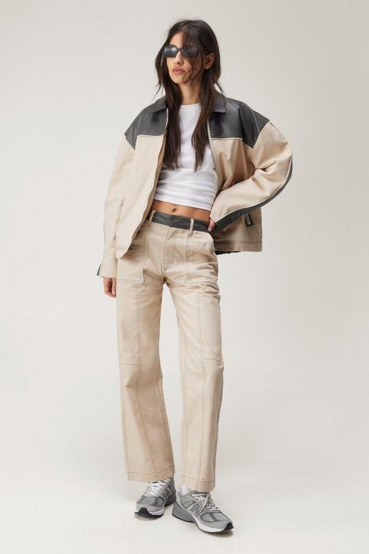 Twill & Faux Leather Color Block Straight Leg Pants Product Image